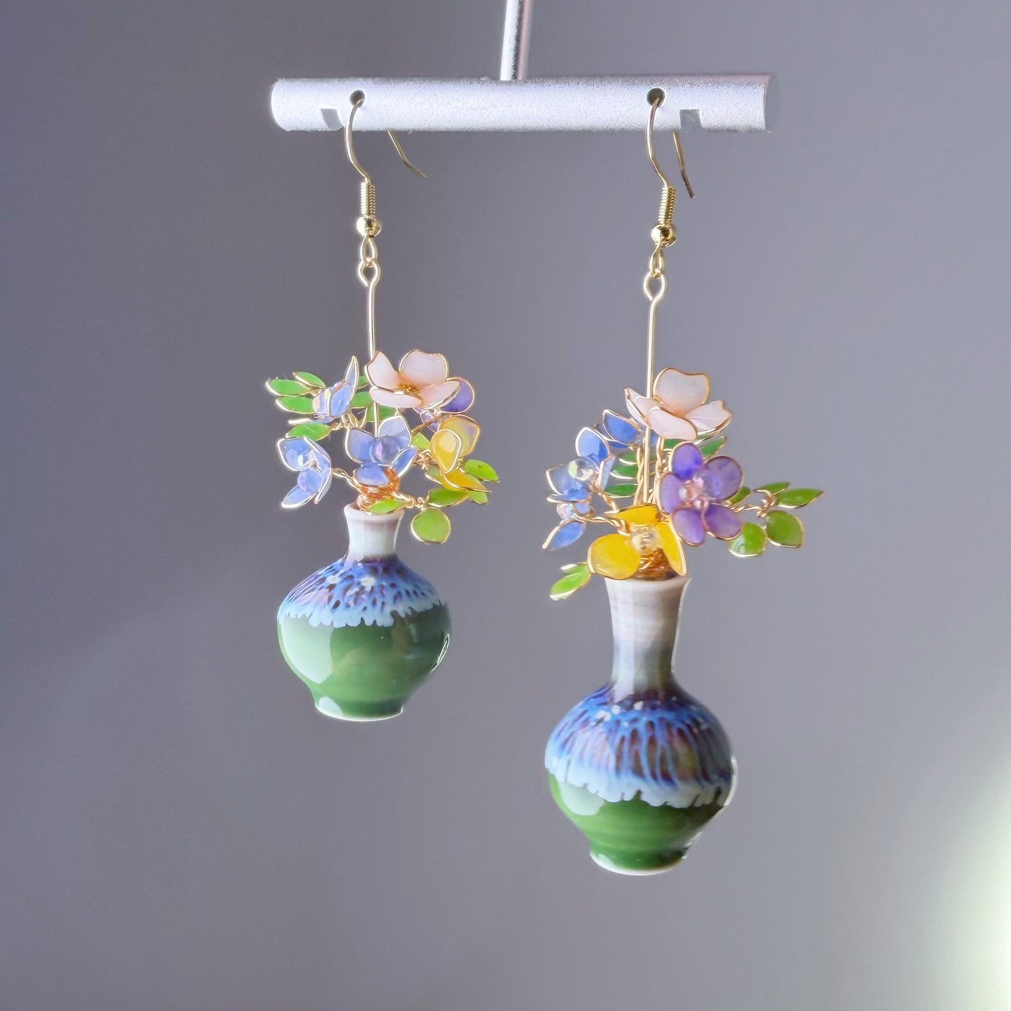 Handmade Blue Hydrangeas and Daffodil in Ceramic Vase Earrings