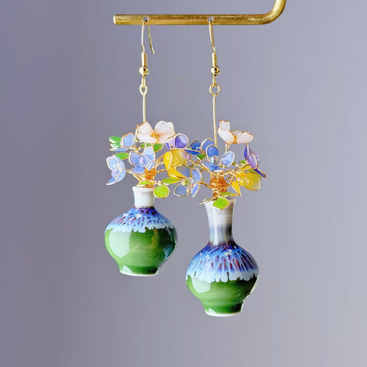 Handmade Blue Hydrangeas and Daffodil in Ceramic Vase Earrings
