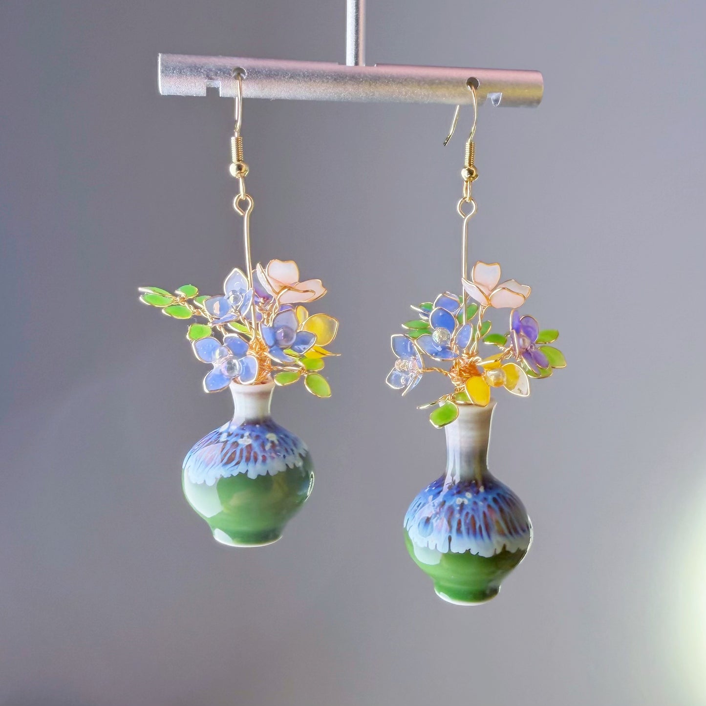 Handmade Blue Hydrangeas and Daffodil in Ceramic Vase Earrings
