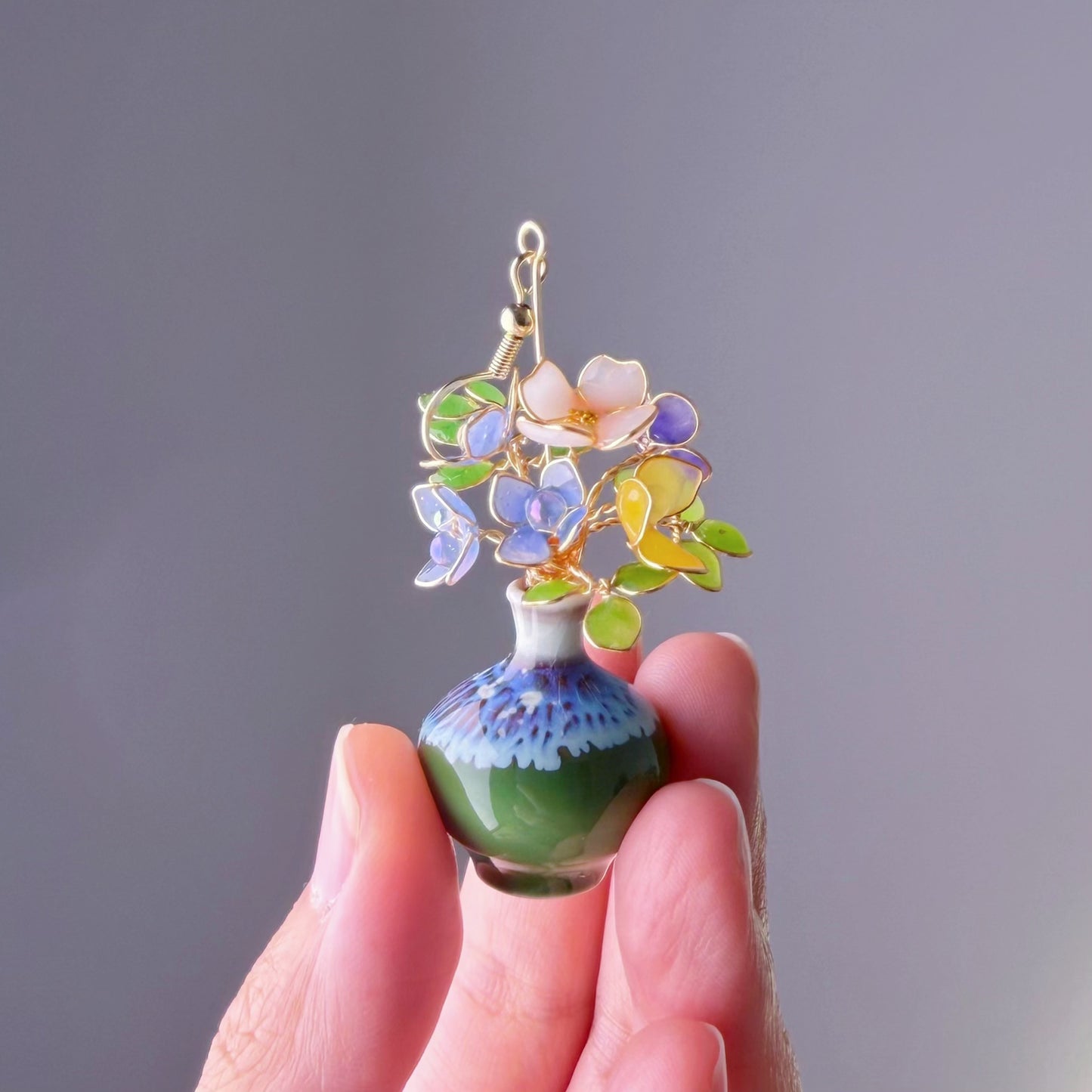 Handmade Blue Hydrangeas and Daffodil in Ceramic Vase Earrings