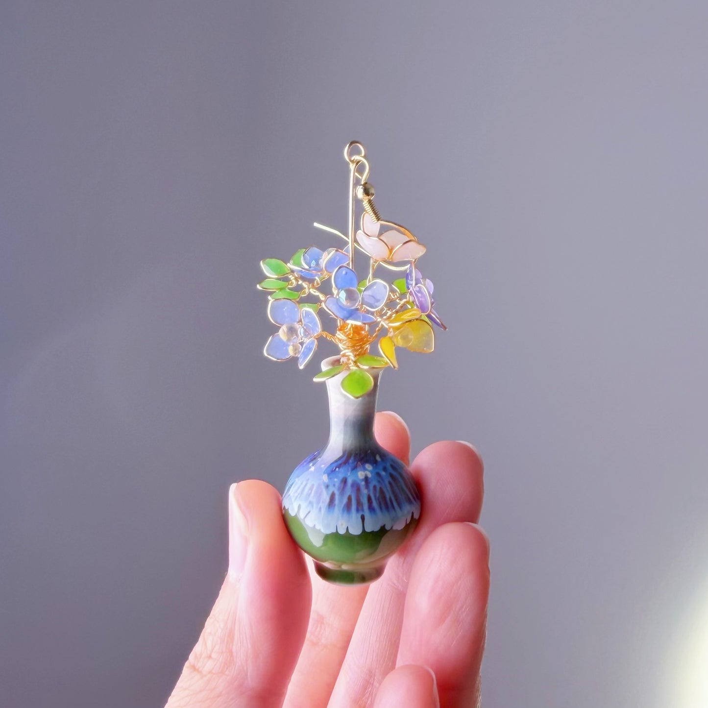 Handmade Blue Hydrangeas and Daffodil in Ceramic Vase Earrings