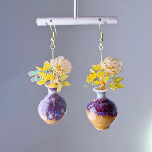 Handmade White Roses and Daffodil Flowers in Ceramic Vase Earrings