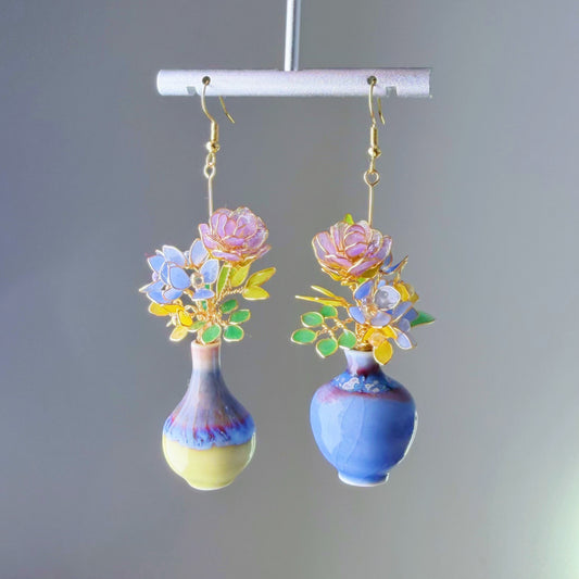Handmade Purple Roses Hydrangeas and Daffodil in Ceramic Vase Earrings