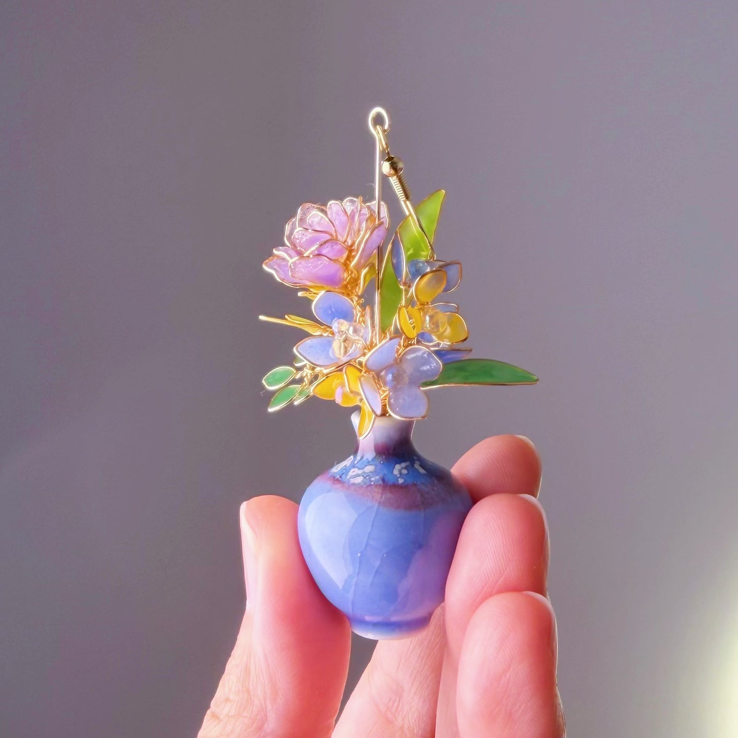 Handmade Purple Roses Hydrangeas and Daffodil in Ceramic Vase Earrings