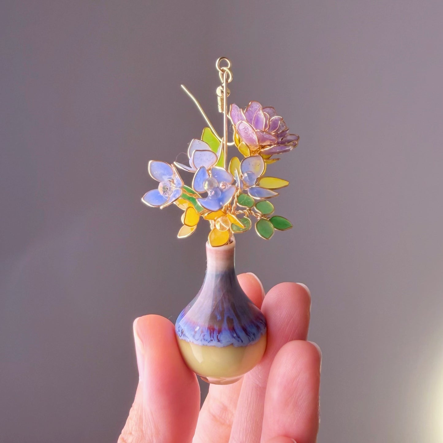 Handmade Purple Roses Hydrangeas and Daffodil in Ceramic Vase Earrings