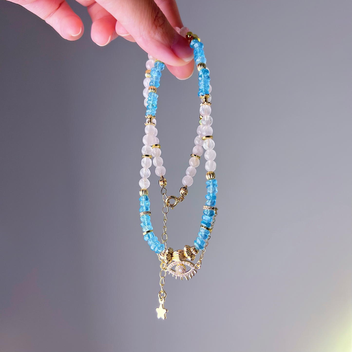 Blue Apatite and Kunzite Crystal with Evil Eye Pendant Necklace-Ninaouity