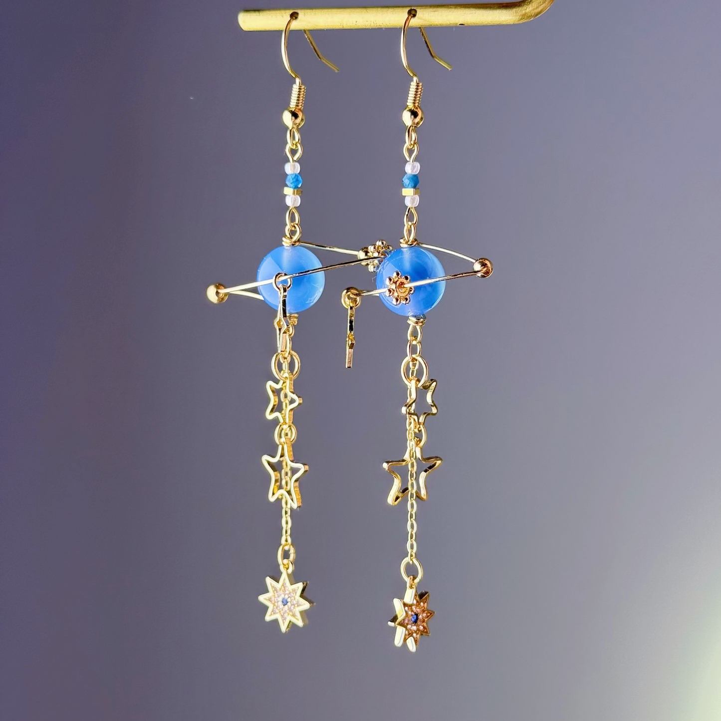 Blue Sugar Heart Agate Planet and Stars Drop Earrings-Ninaouity