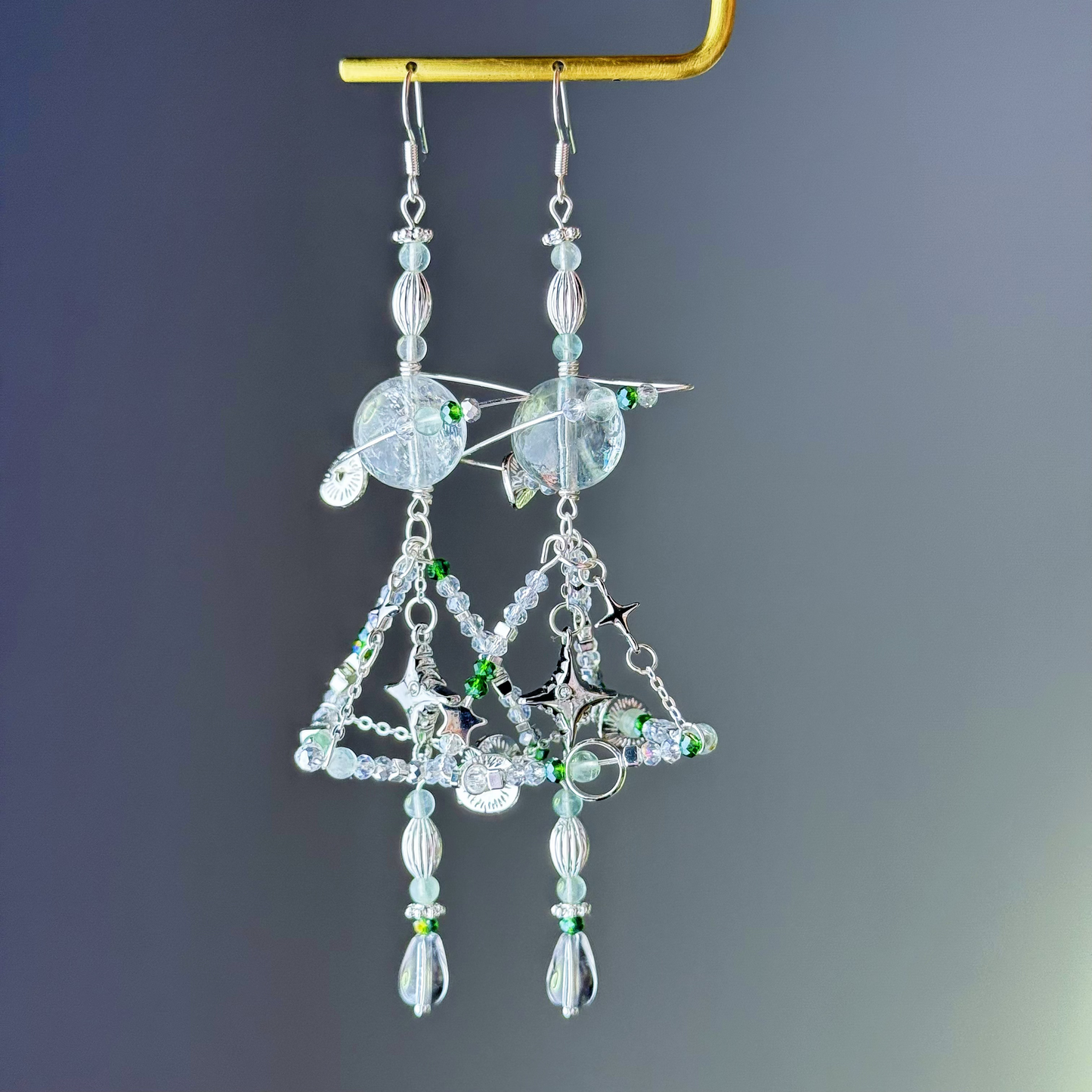 Silver Pyramid and Azeztulite Crystal Planet Drop Earrings-Ninaouity