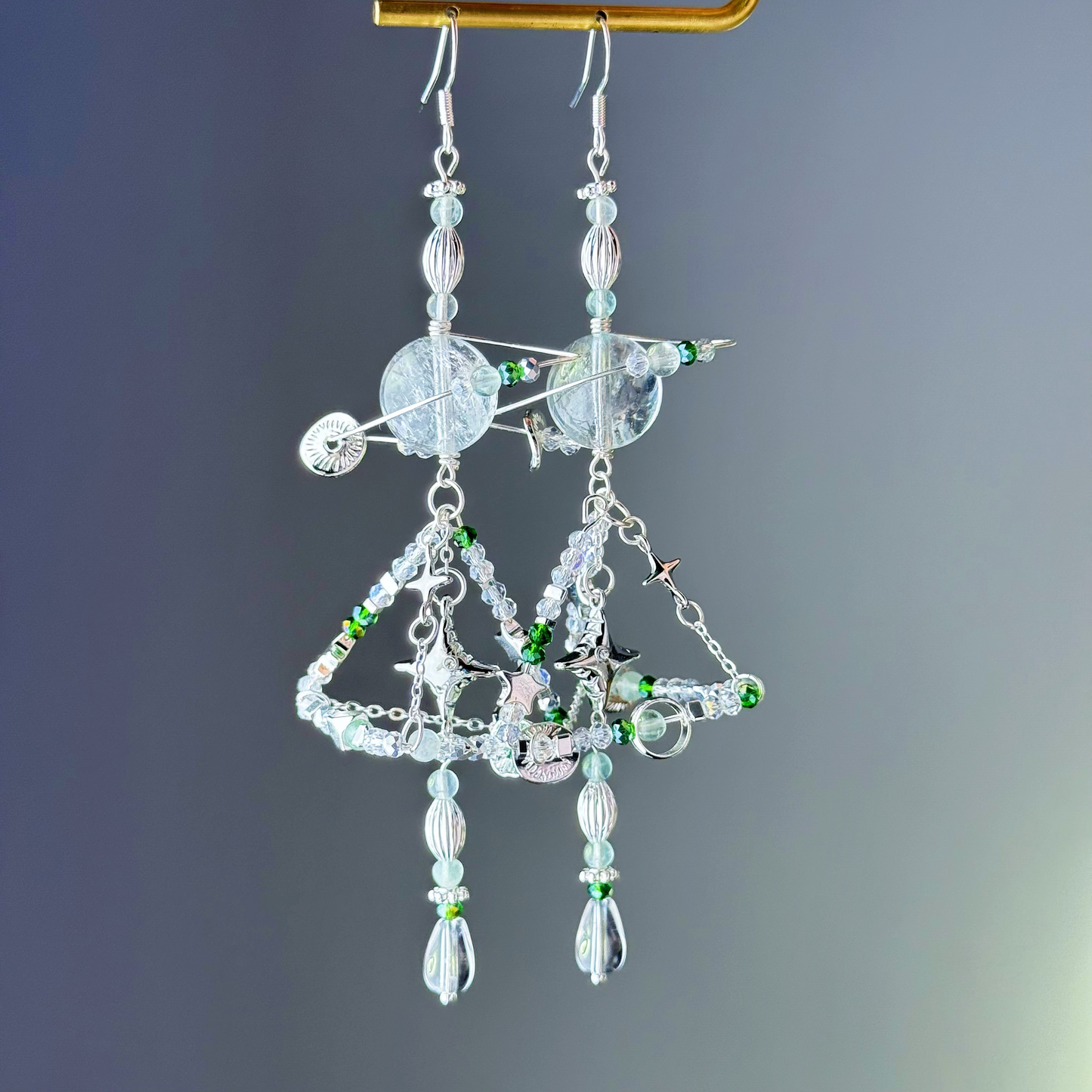 Silver Pyramid and Azeztulite Crystal Planet Drop Earrings-Ninaouity