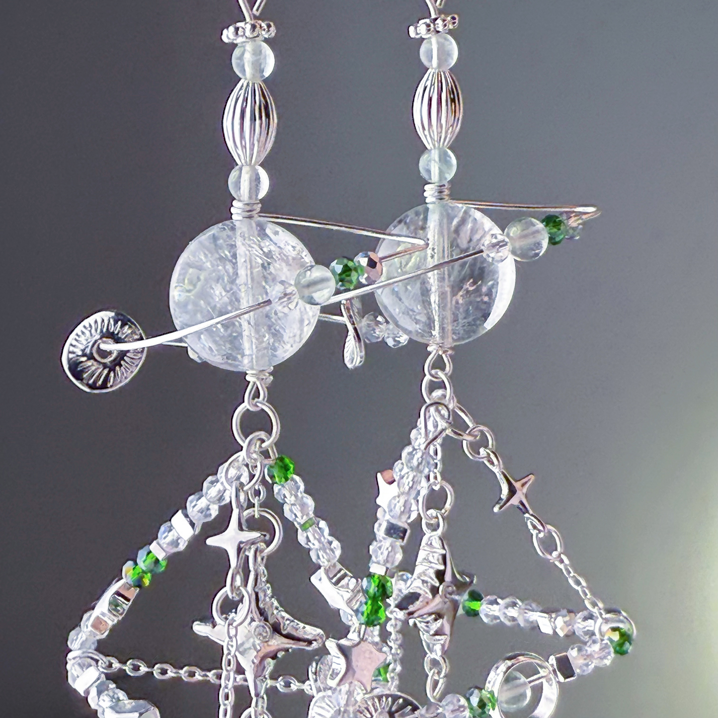 Silver Pyramid and Azeztulite Crystal Planet Drop Earrings-Ninaouity