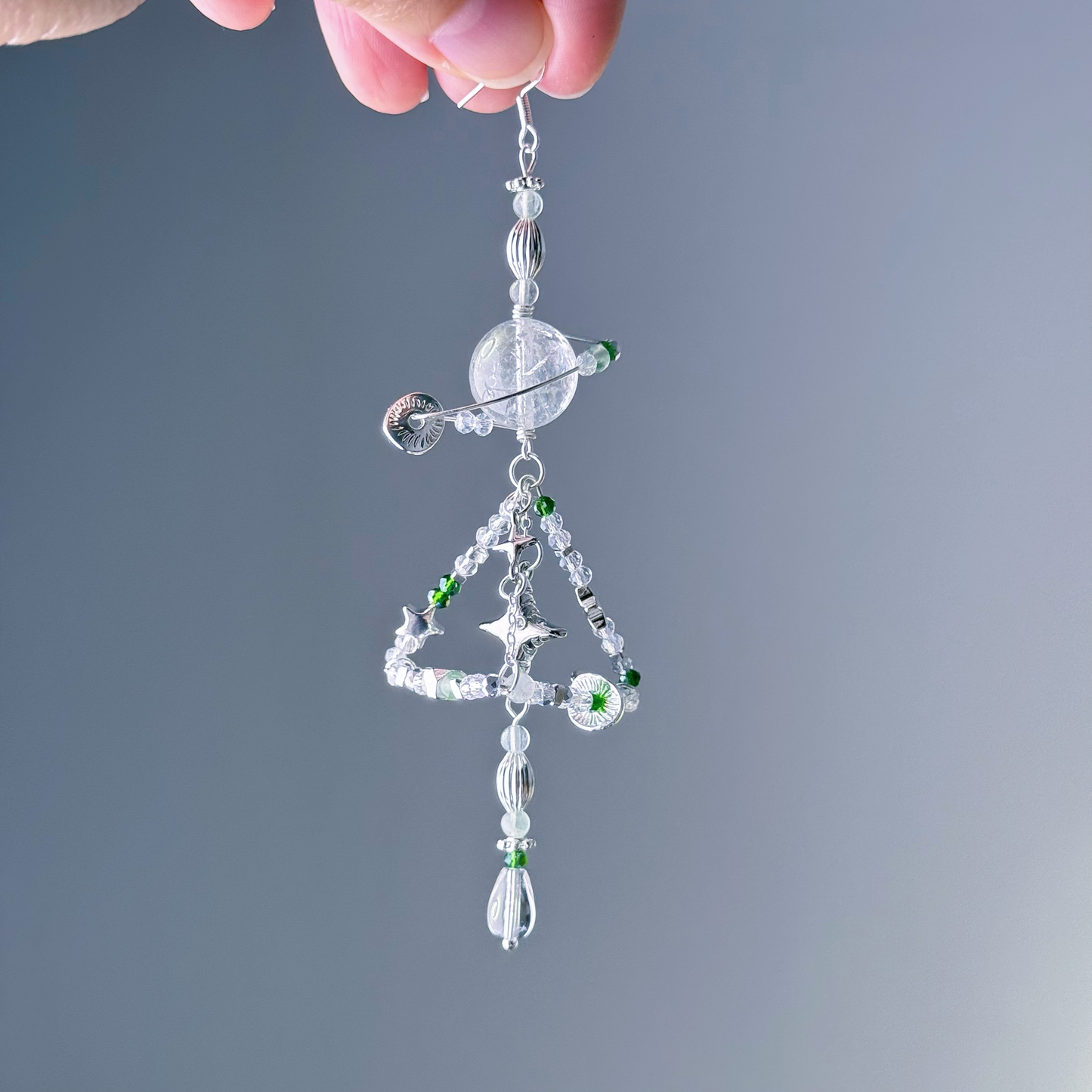 Silver Pyramid and Azeztulite Crystal Planet Drop Earrings-Ninaouity