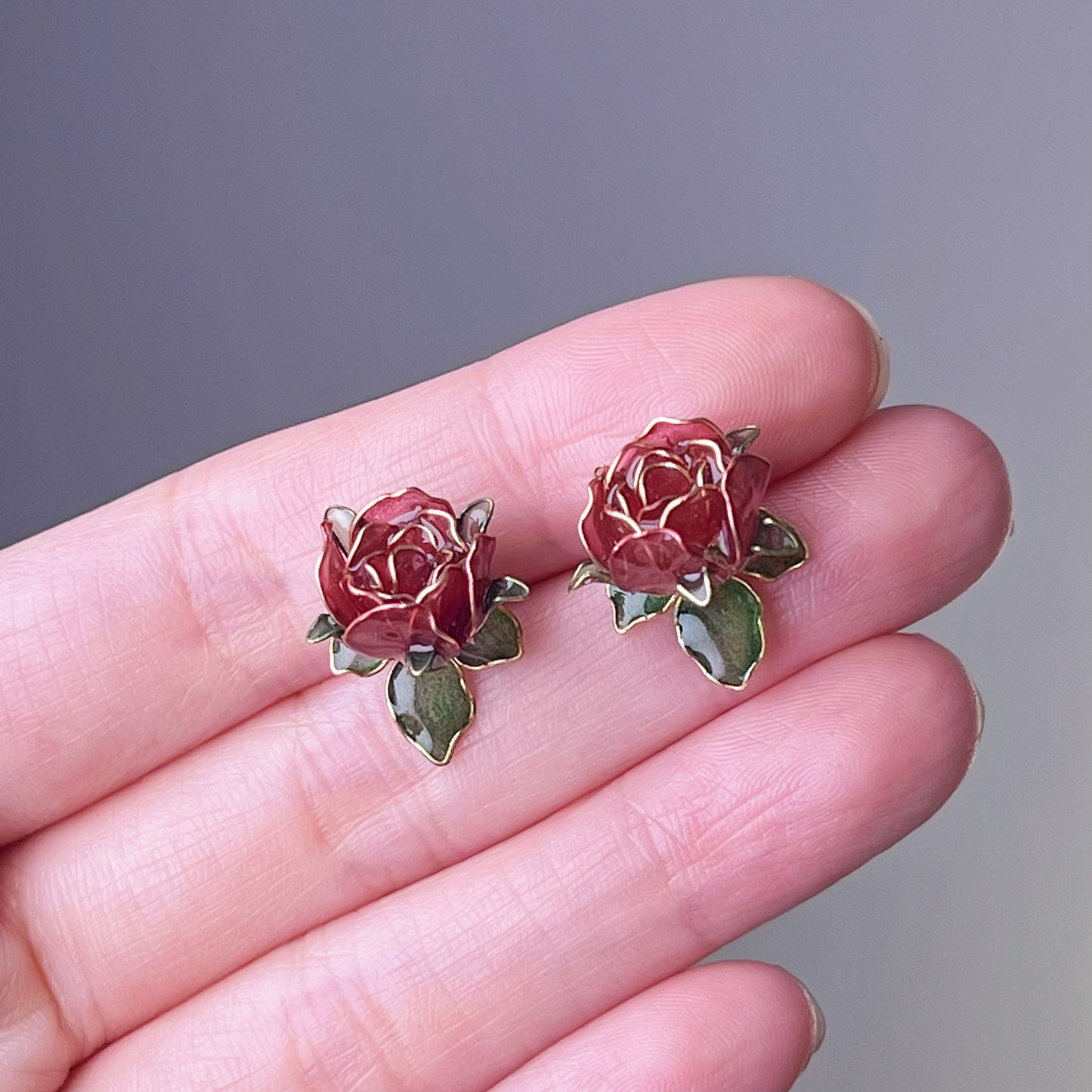 Handmade Dark Red Rose Flower and Leaves Stud Earrings-Ninaouity