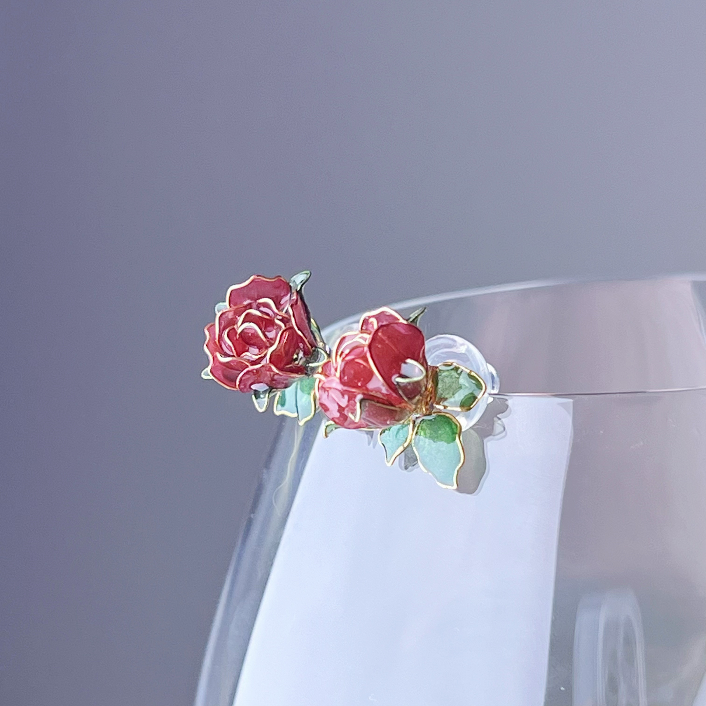Handmade Dark Red Rose Flower and Leaves Stud Earrings-Ninaouity