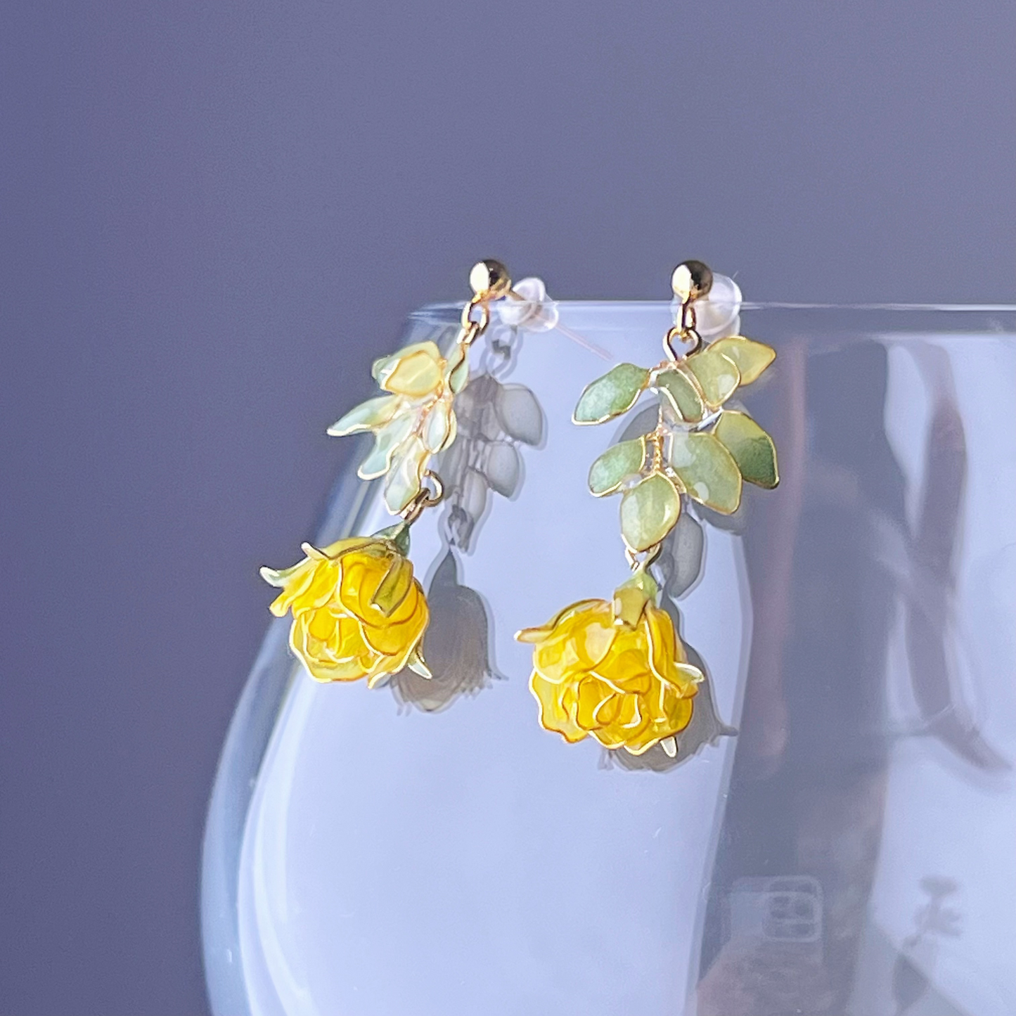 Handmade Yellow Rose Flower and Leaves Drop Earrings-Ninaouity
