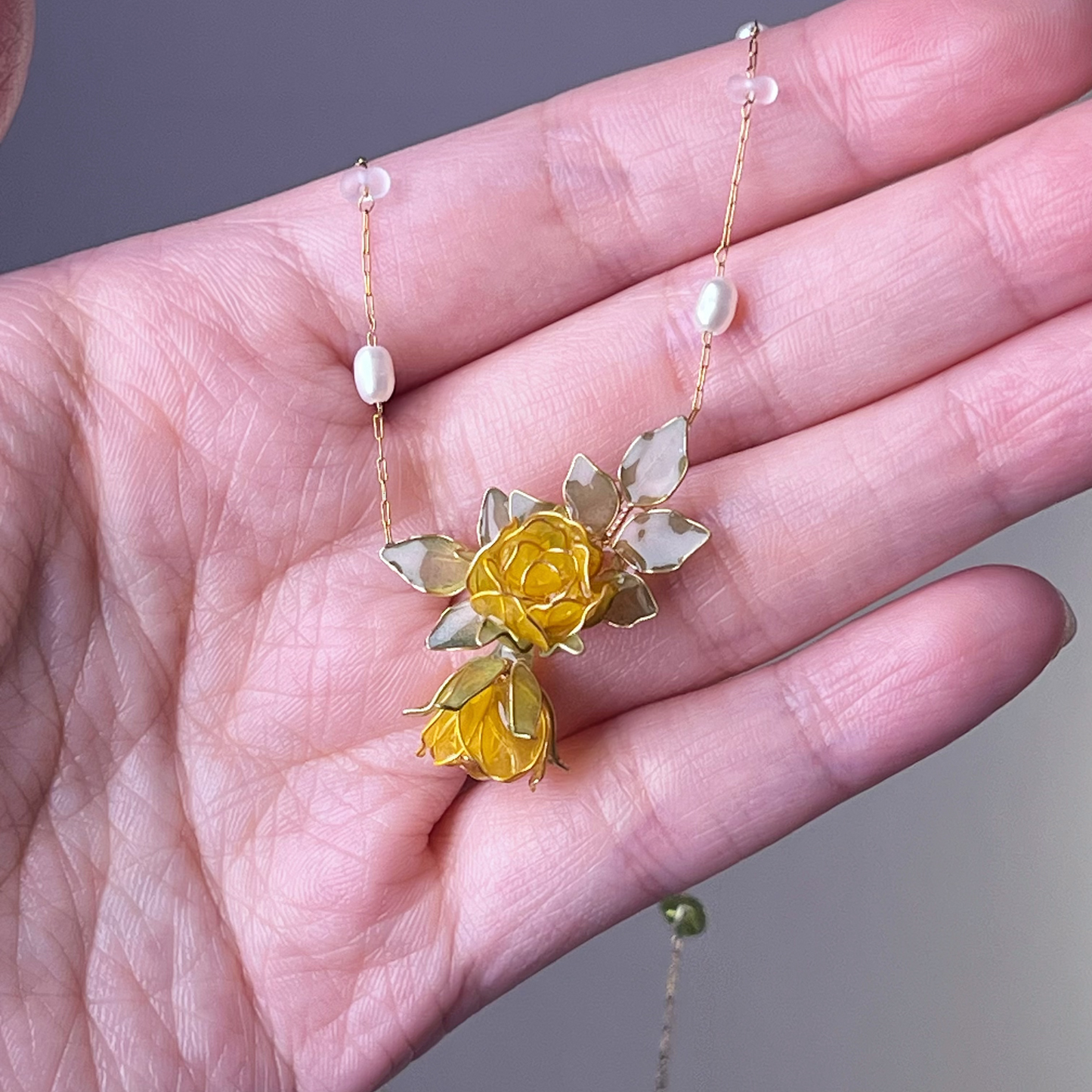Handmade Yellow Rose Flower and Leaves Necklace-Ninaouity