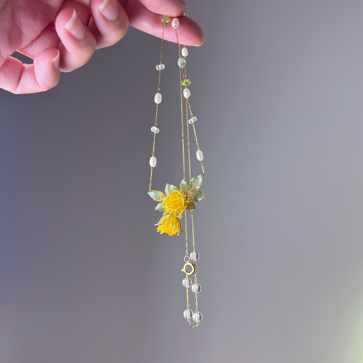 Handmade Yellow Rose Flower and Leaves Necklace-Ninaouity