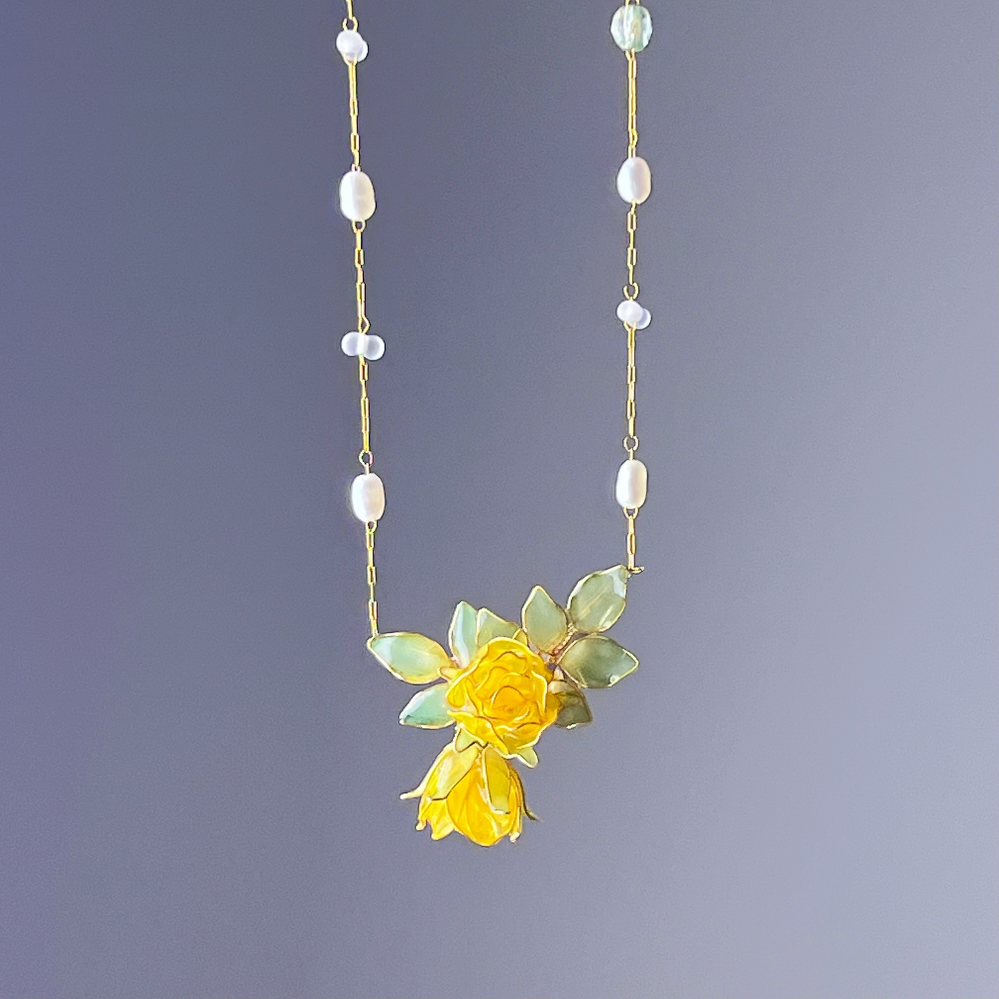 Handmade Yellow Rose Flower and Leaves Necklace-Ninaouity