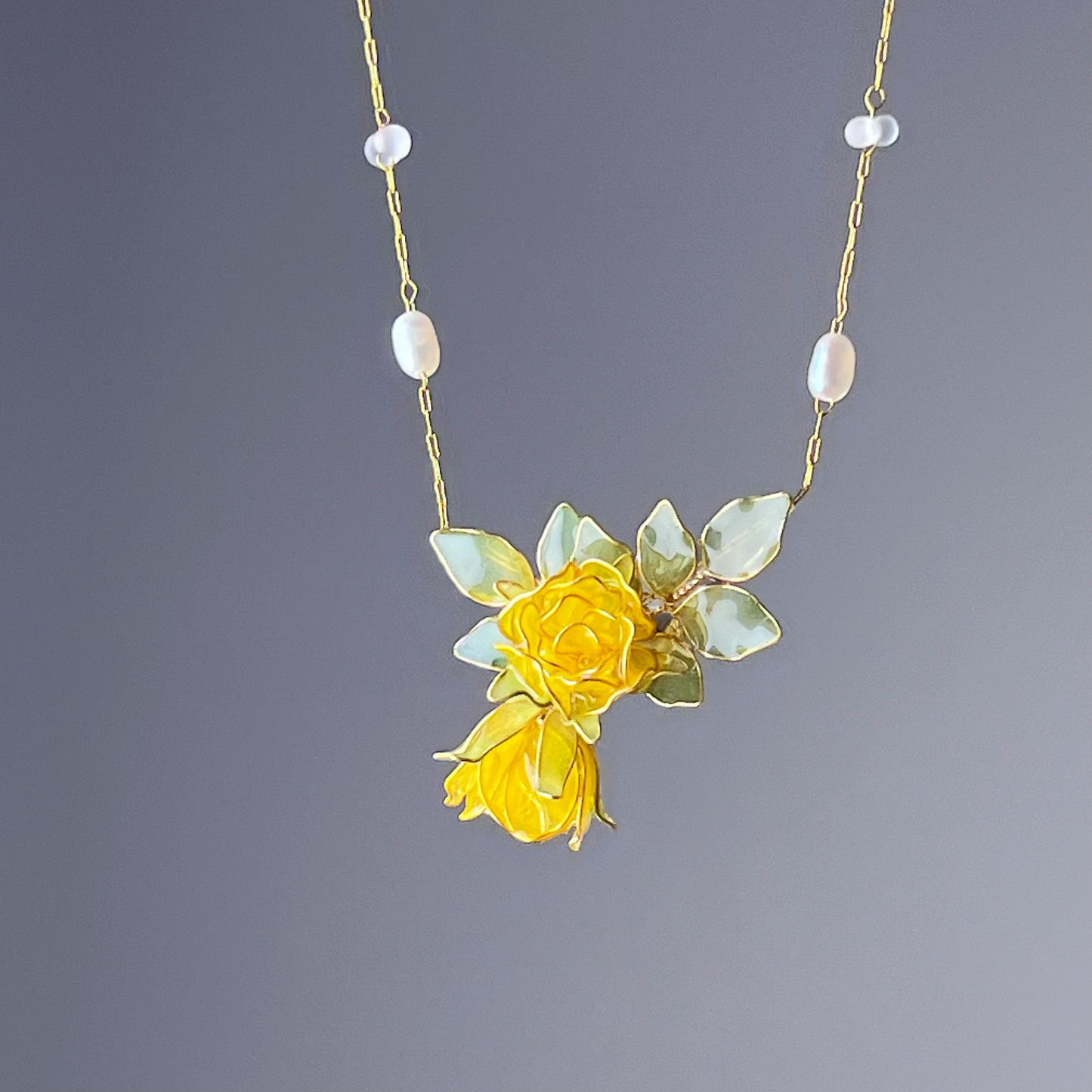 Handmade Yellow Rose Flower and Leaves Necklace-Ninaouity