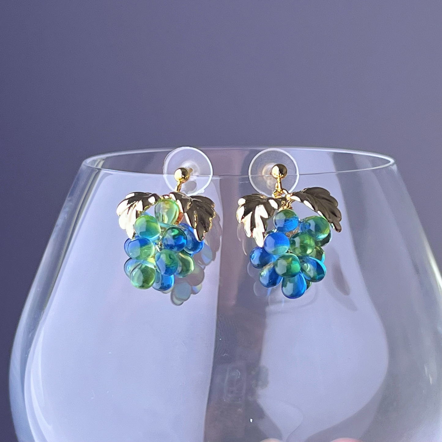 Blue and Green Grapes with Gold Leaf Earrings-Ninaouity