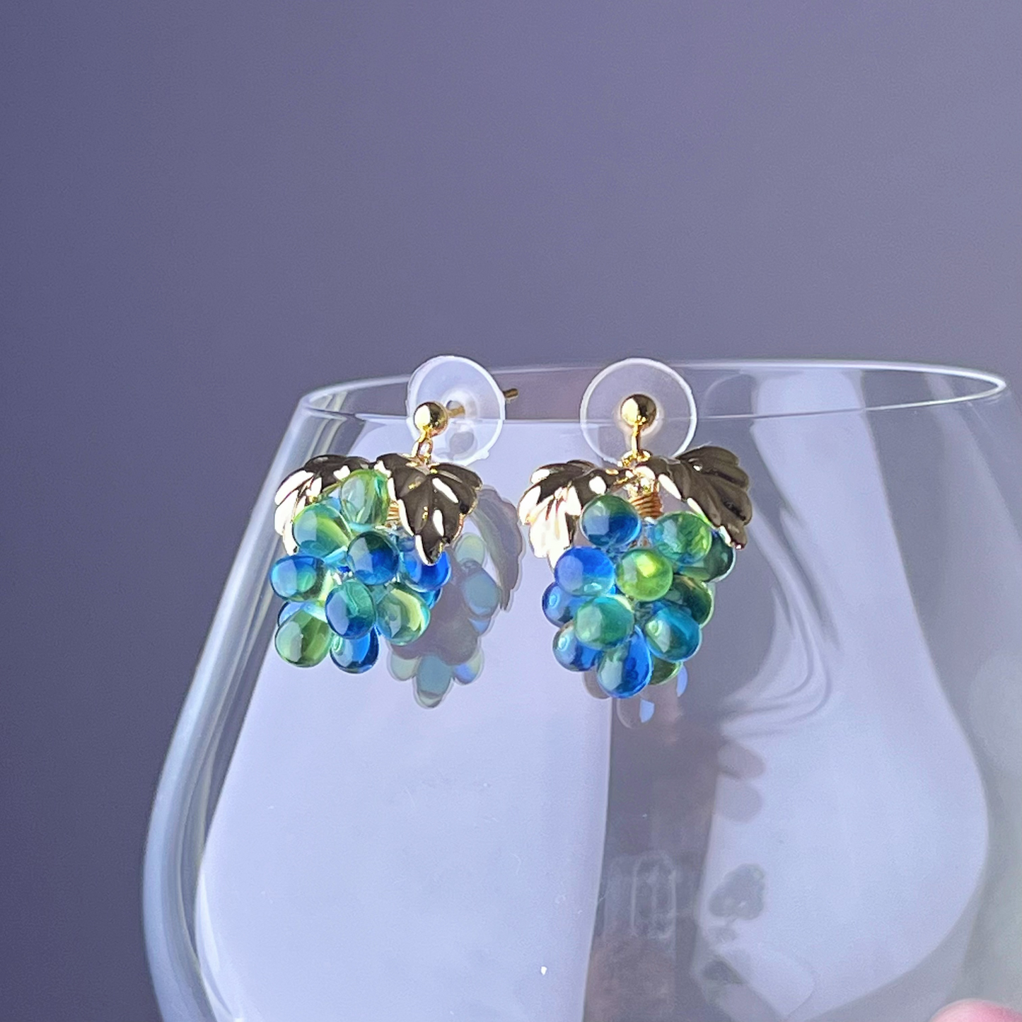 Blue and Green Grapes with Gold Leaf Earrings-Ninaouity