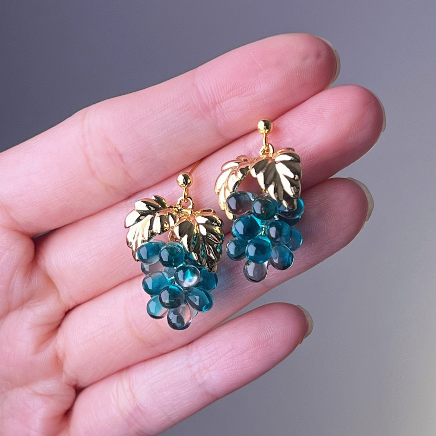 Blue Grapes with Gold Leaf Earrings-Ninaouity