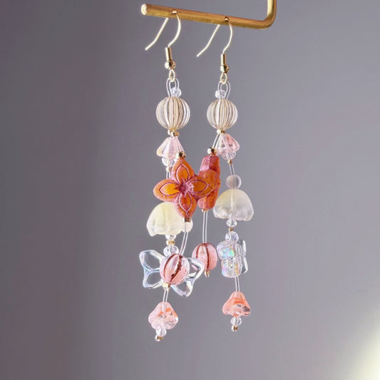 Handmade Pink Flowers and Butterfly Glass Beads Earrings