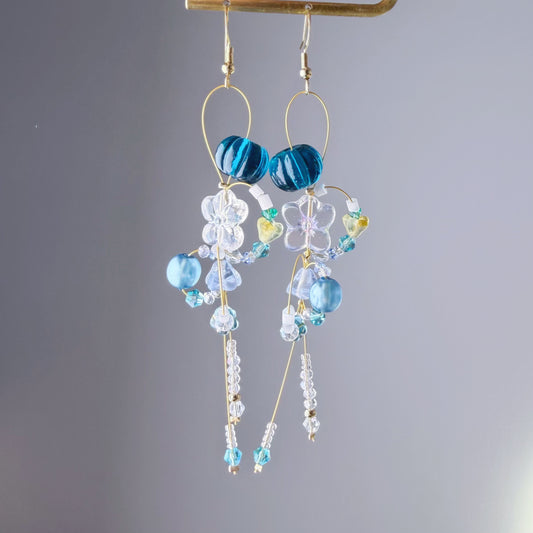 Handmade Blue Flowers Glass Beads Drop Earrings