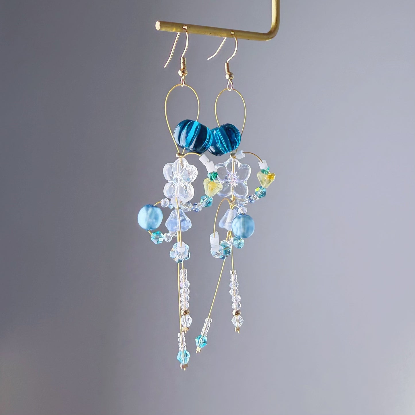 Handmade Blue Flowers Glass Beads Drop Earrings