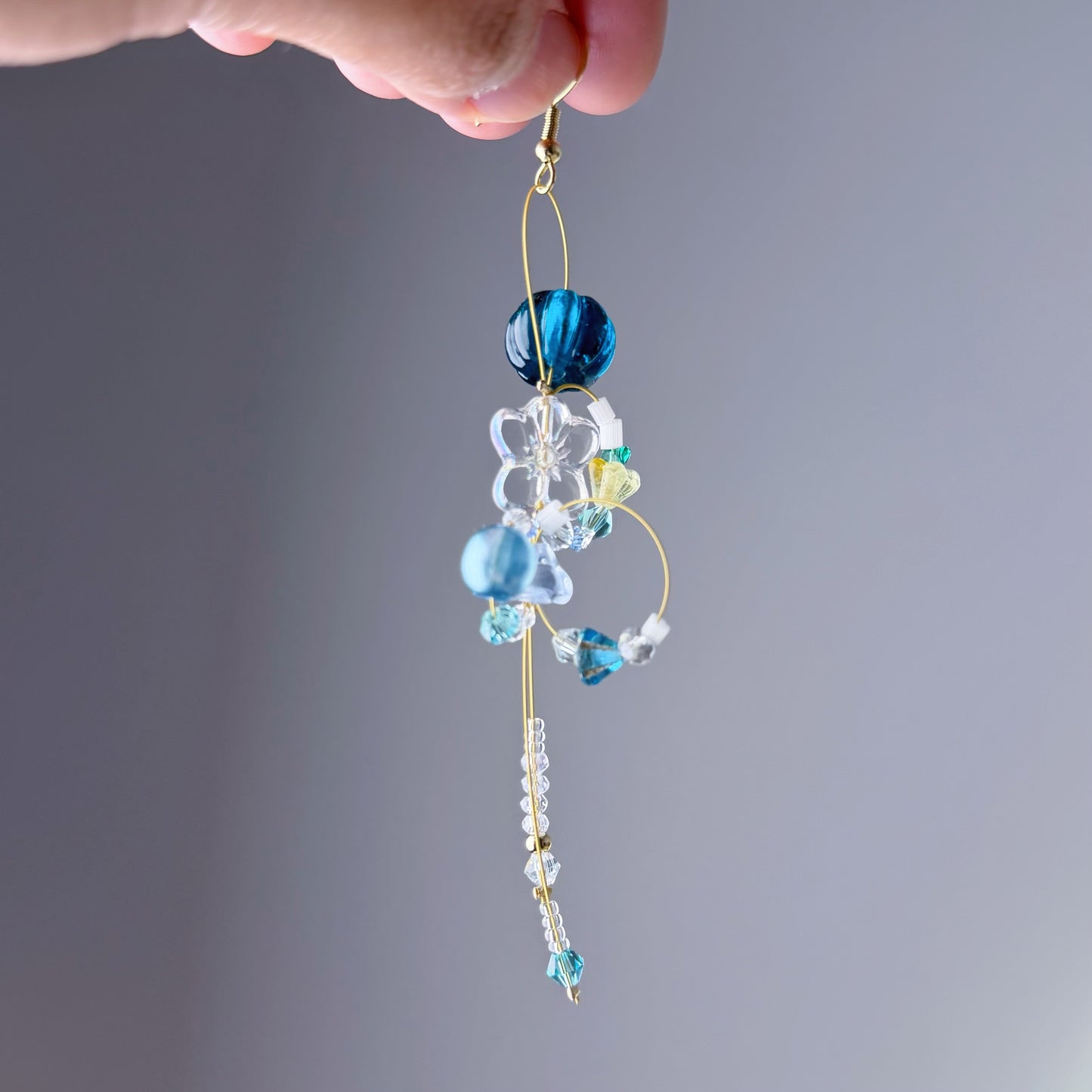 Handmade Blue Flowers Glass Beads Drop Earrings
