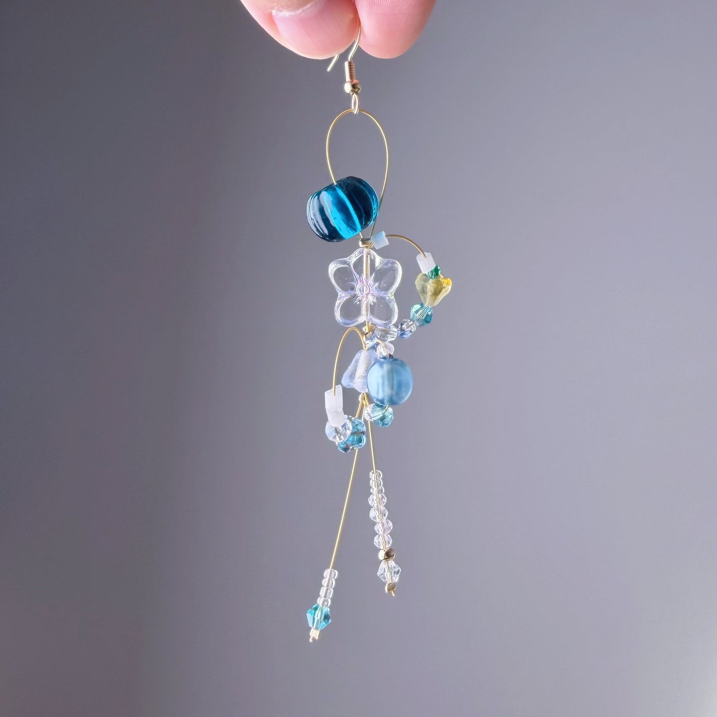 Handmade Blue Flowers Glass Beads Drop Earrings