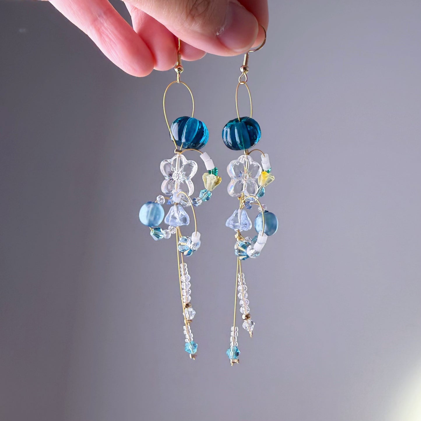Handmade Blue Flowers Glass Beads Drop Earrings