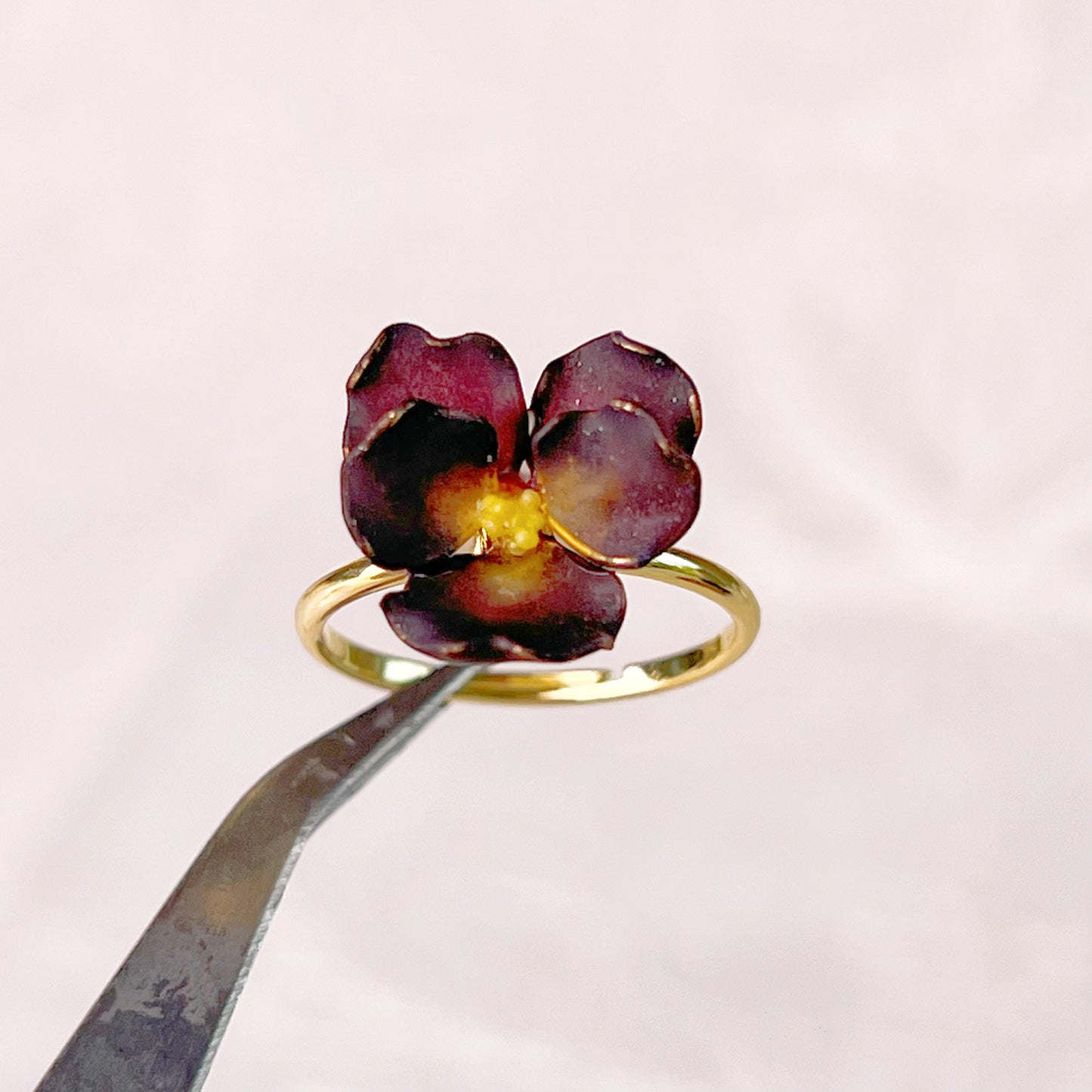 Handmade Spring Black Velvet Pansy Flower Ring-Ninaouity