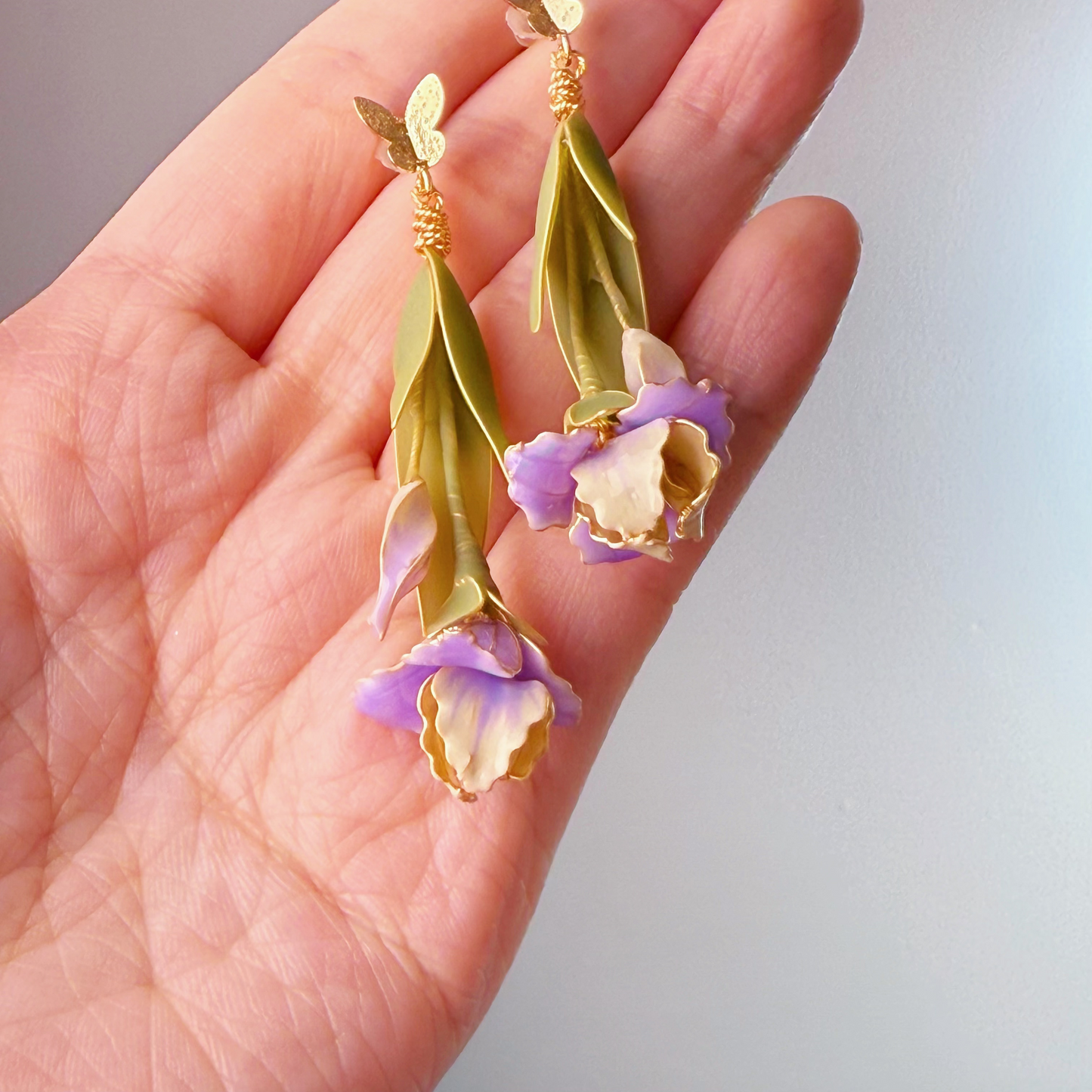 Purple and White Iris Flower Earrings-Ninaouity