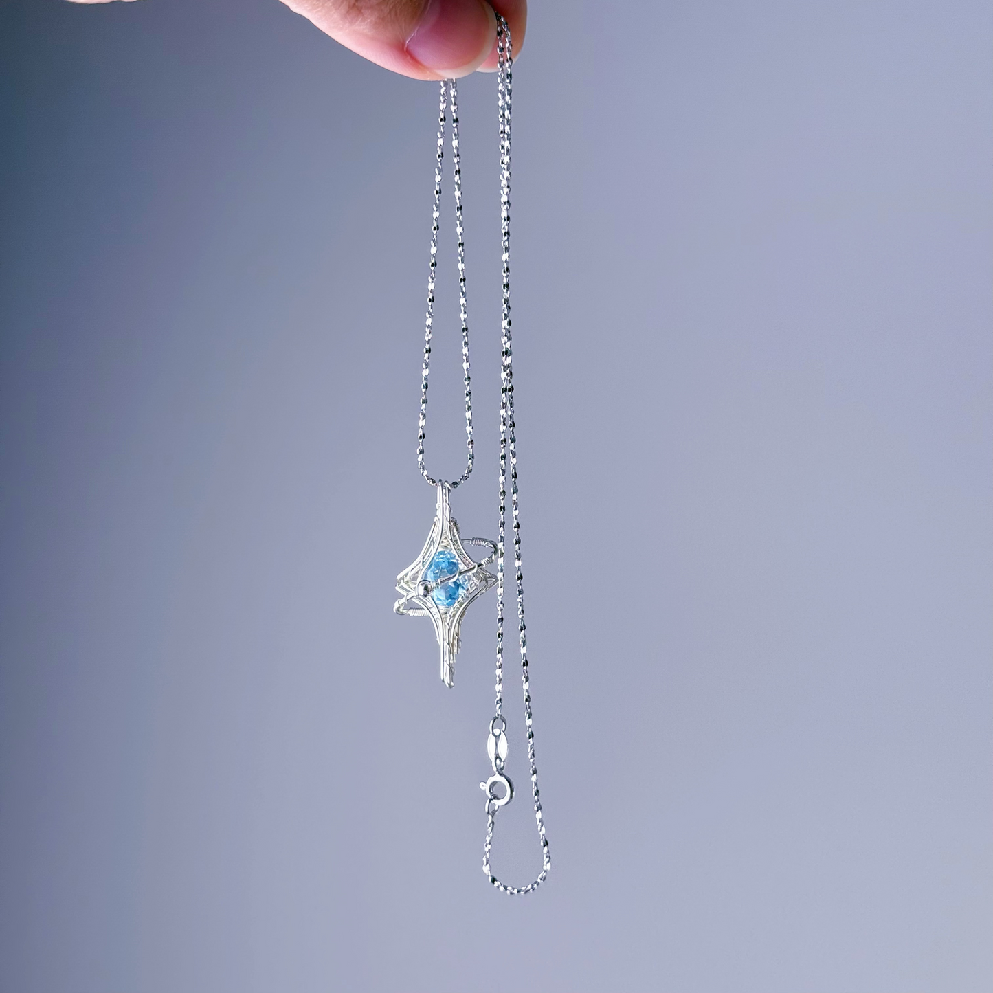 Silver Pole Star and Blue Topaz Wire Wrap Necklace-Ninaouity