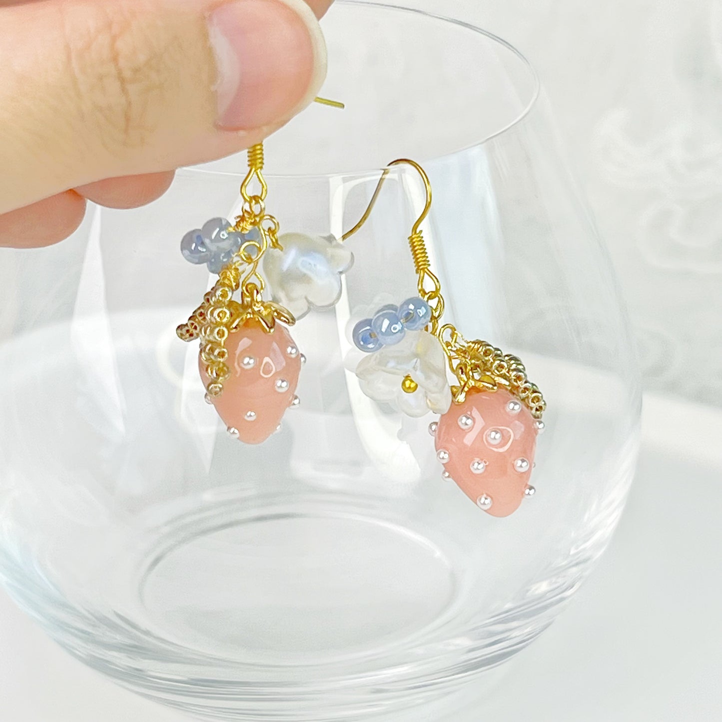 Handmade Pink Strawberry and Flower Earrings-Ninaouity