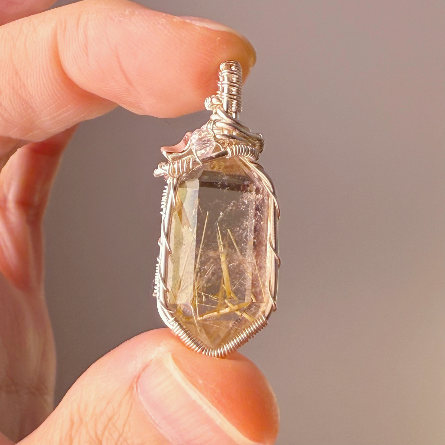 Handmade Natural Golden Rutilated Quartz Crystal Wire Wrapped Necklace-Ninaouity