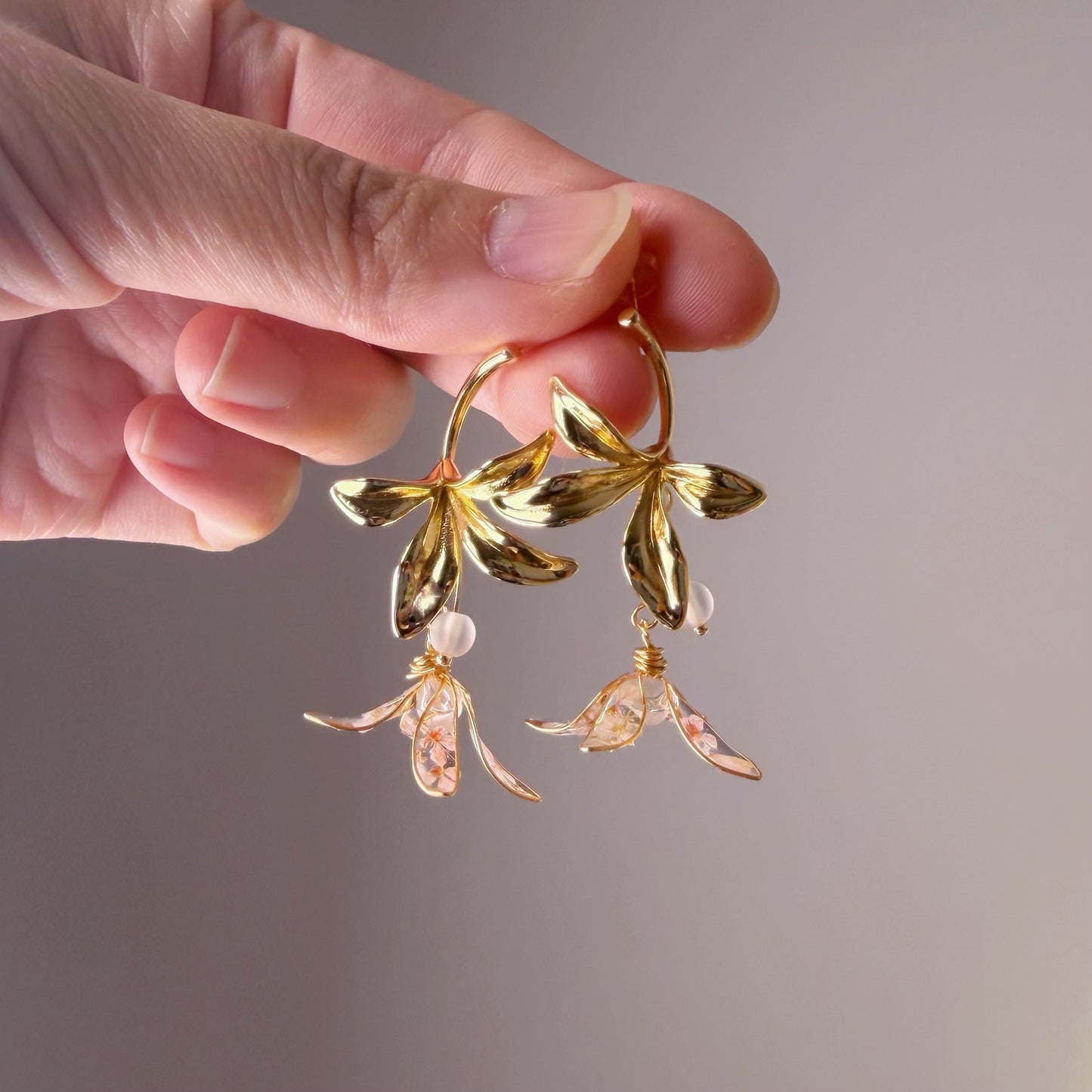 Handmade Four Petals Gold and Pressed Flower Earrings