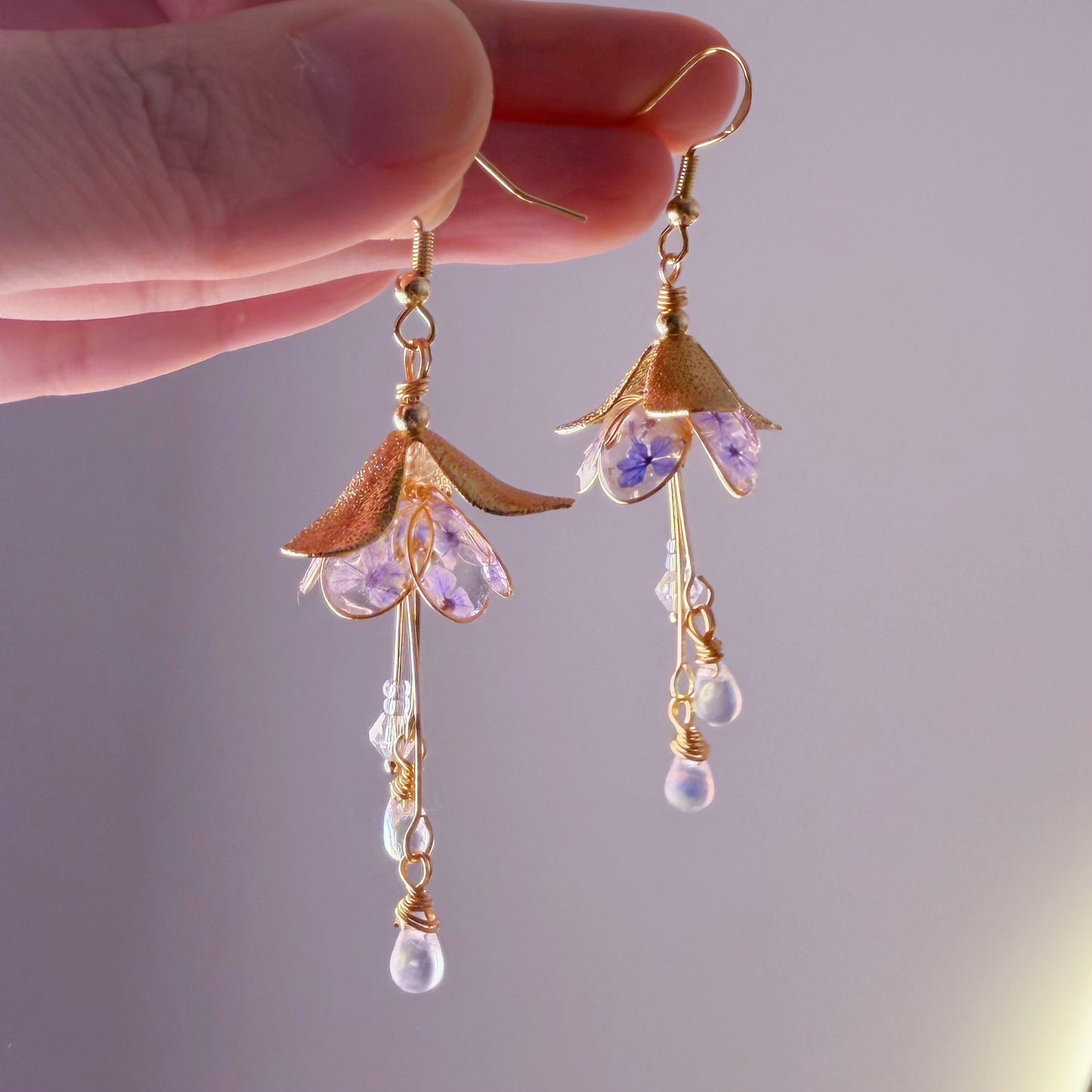 Handmade Blue Purple Pressed Flowers in Fuchsia Flower Earrings