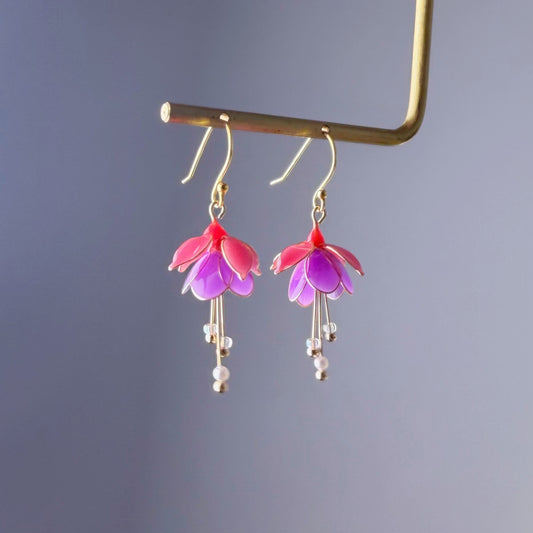 Handmade Red and Purple Fuchsia Mrs Popple Flower Earrings