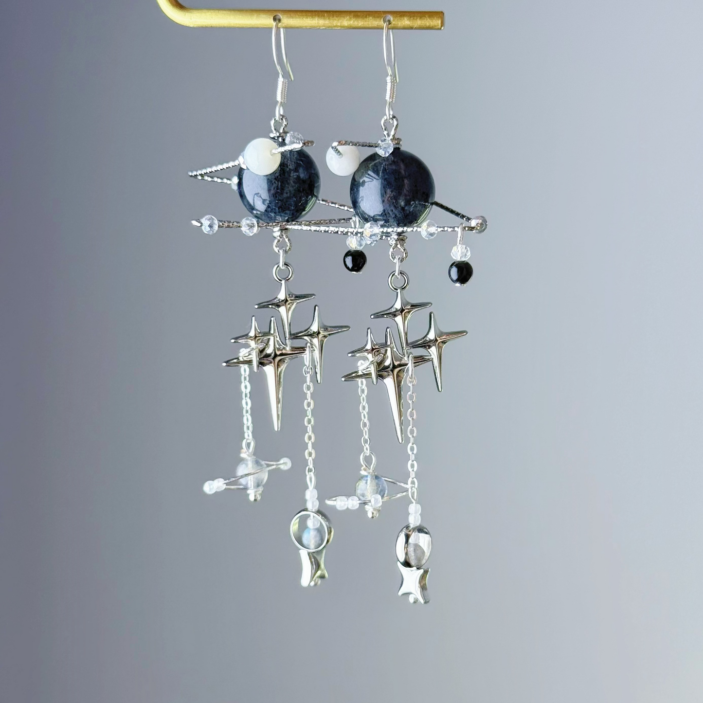 Silver Black Mica Inclusion Clear Quartz Crystal Planet Earrings-Ninaouity