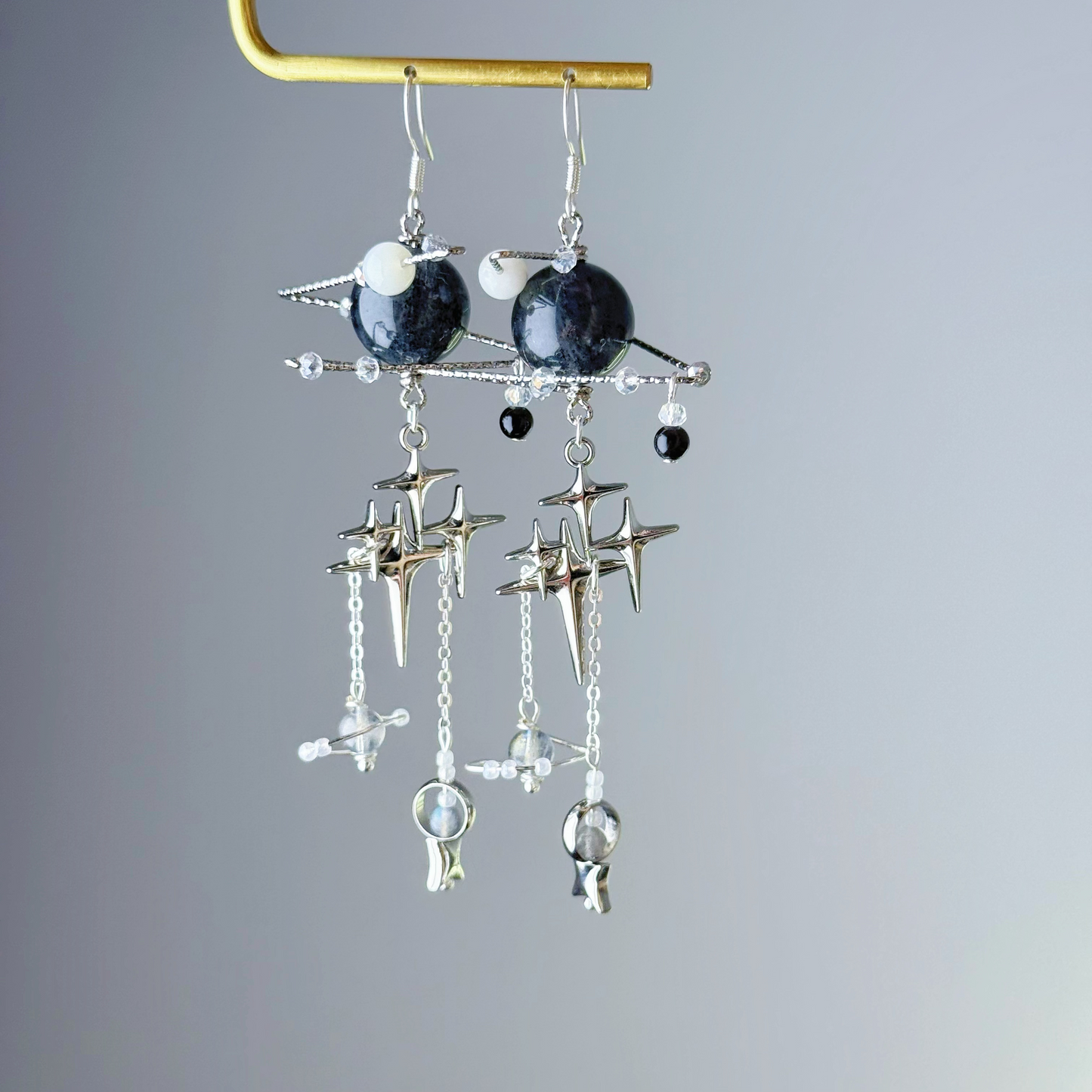 Silver Black Mica Inclusion Clear Quartz Crystal Planet Earrings-Ninaouity
