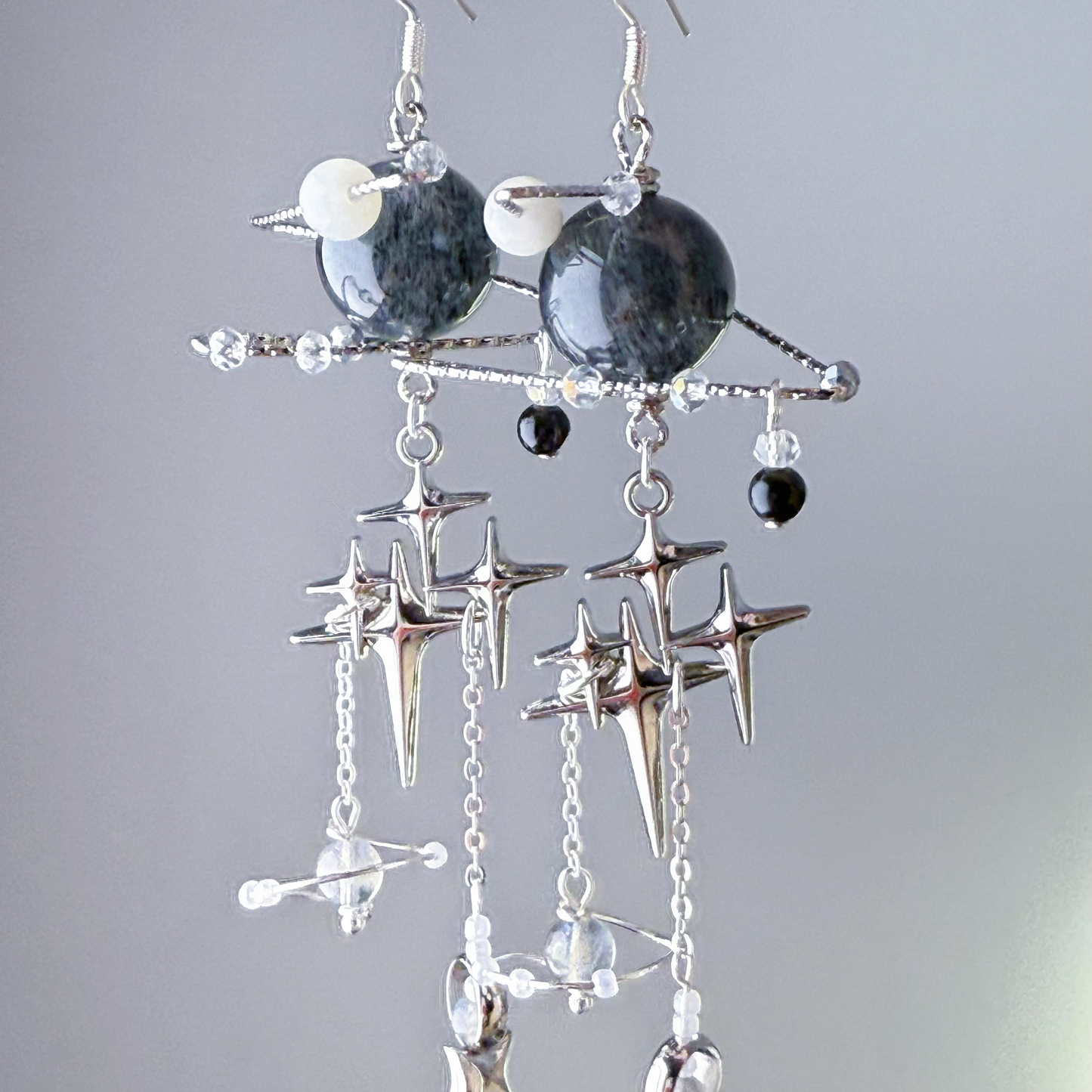 Silver Black Mica Inclusion Clear Quartz Crystal Planet Earrings-Ninaouity