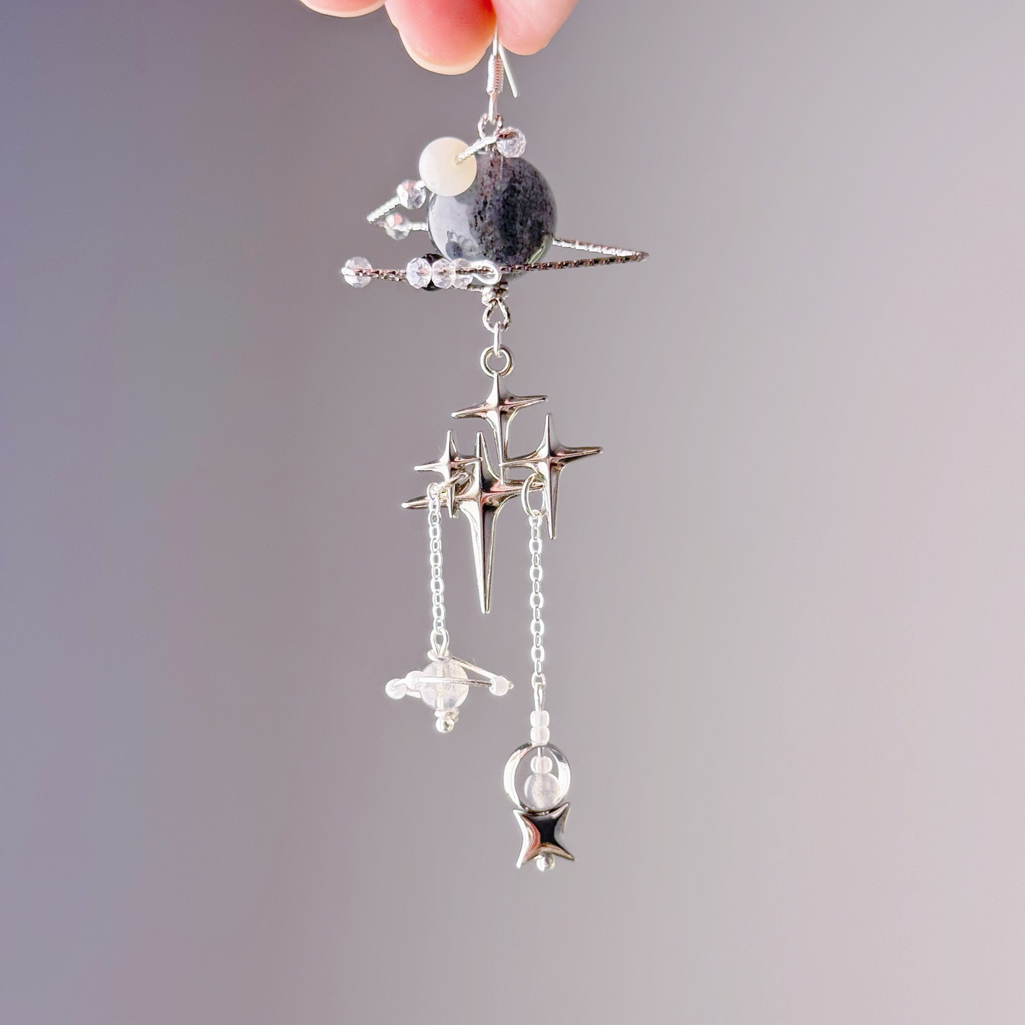 Silver Black Mica Inclusion Clear Quartz Crystal Planet Earrings-Ninaouity