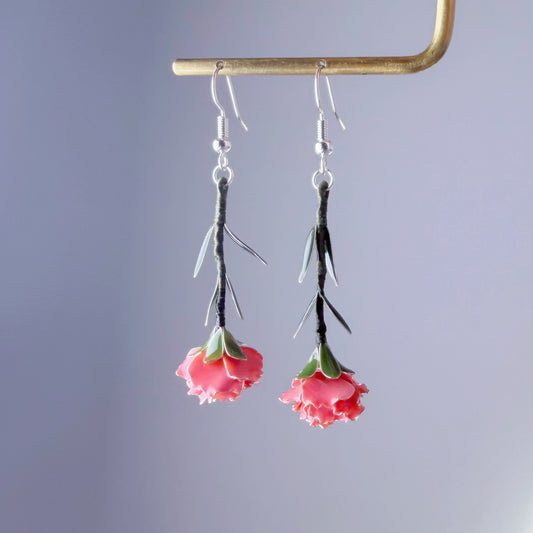 Handmade Pink Carnation Flower Drop Earrings
