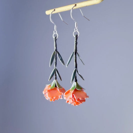 Handmade Orange Carnation Flower Drop Earrings