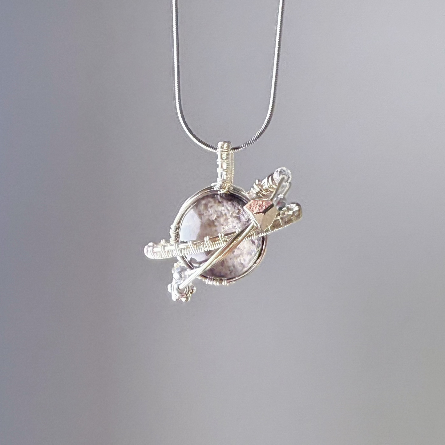 Planets - Natural White Phantom Quartz Crystal Planet Wire Wrapped Necklace-Ninaouity