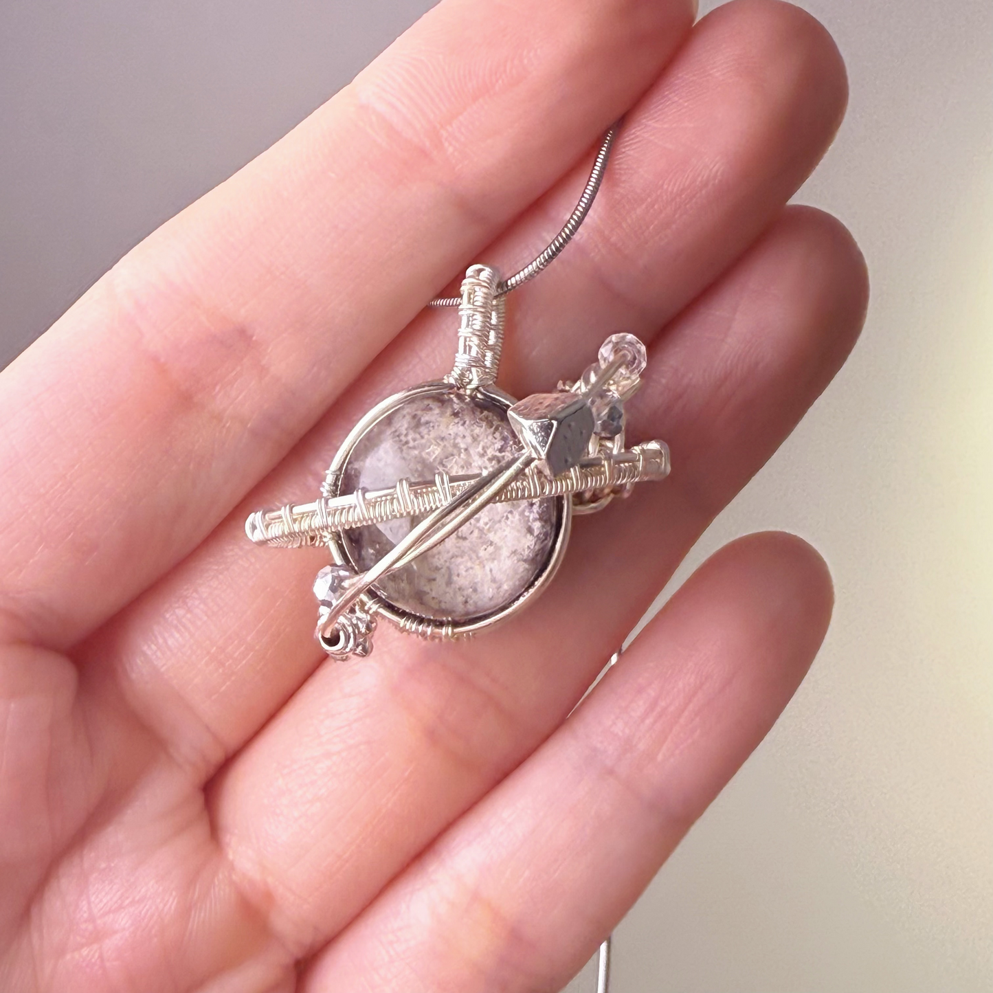 Planets - Natural White Phantom Quartz Crystal Planet Wire Wrapped Necklace-Ninaouity