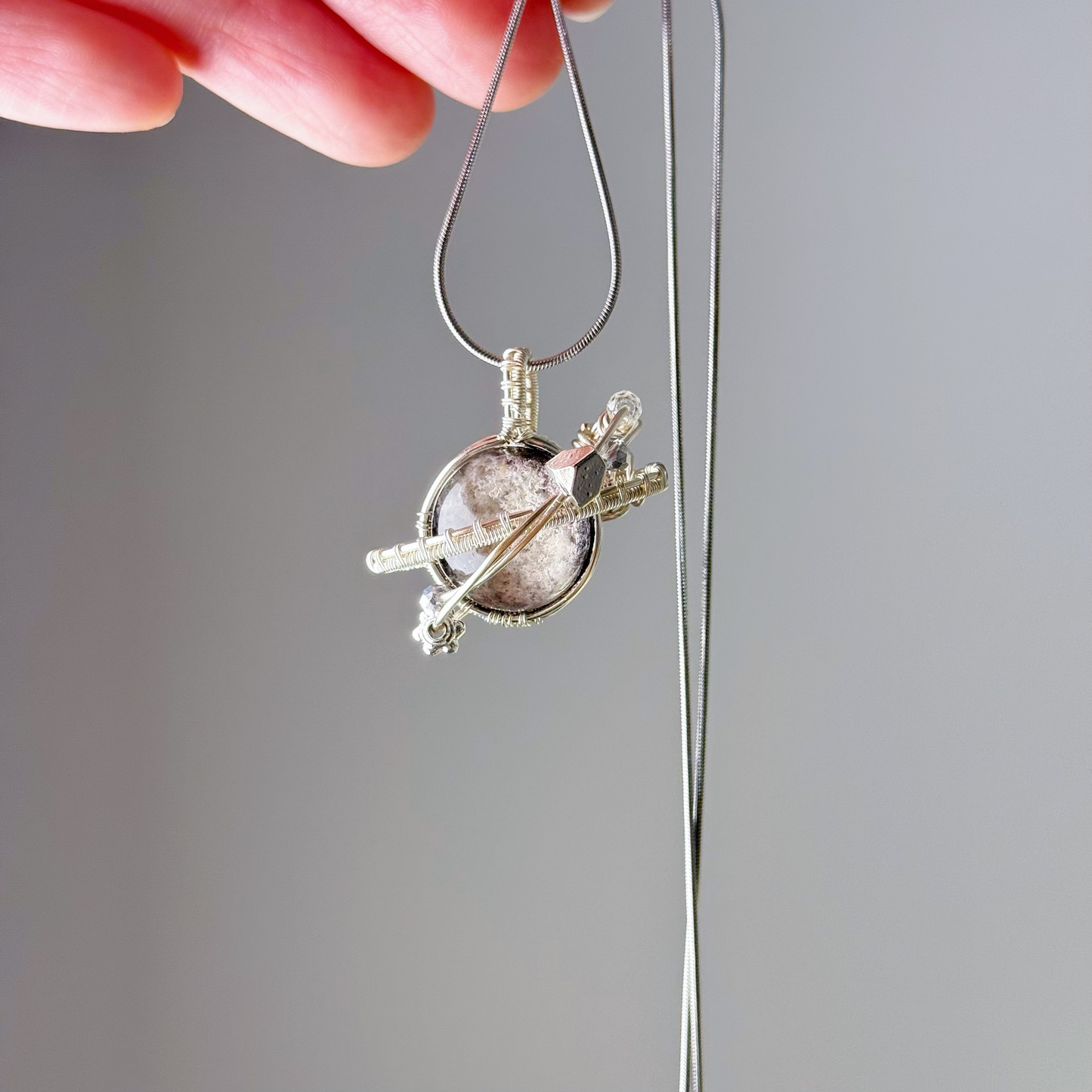 Planets - Natural White Phantom Quartz Crystal Planet Wire Wrapped Necklace-Ninaouity