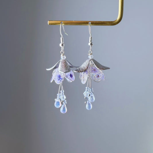 Handmade Blue Pressed Flowers in Fuchsia Flowers Silver Earrings