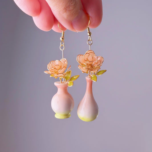 Handmade Pink Peach Roses in Vase Earrings